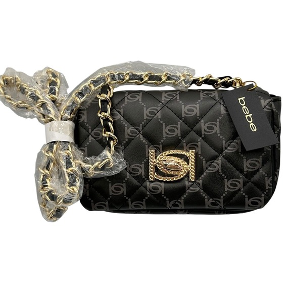 Bebe Black Monogram Crossbody Bag Gold Chain Strap Shoulder Purse NEW GREAT GIFT - Picture 1 of 7